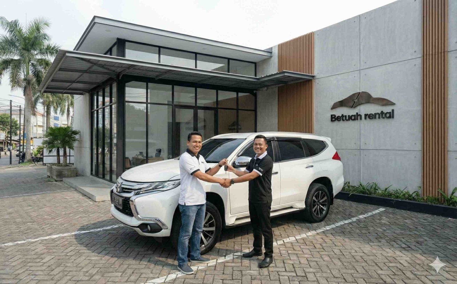 Foto 2 orang sedang didepan mobil pajero